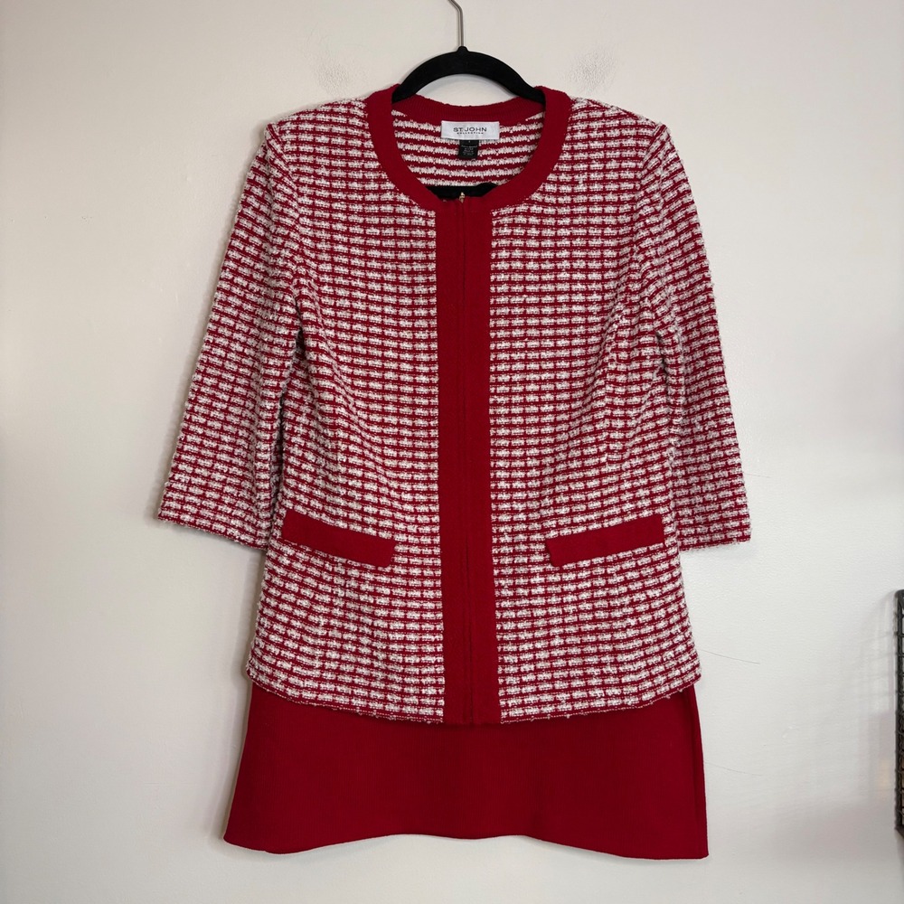 St John‎ Collection Red White Knit Skirt Suit Set Size 8 Wool Blend Zip Jacket